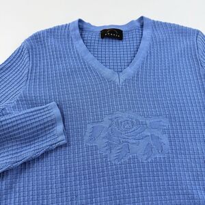 Bogner V Neck Sweater Large Blue Ski Golf Textured Knit Rose Accent Retro 80s 90